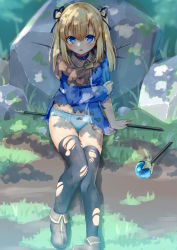 Rule 34 | 1girl, absurdres, black ribbon, blonde hair, blue dress, blue eyes, blue panties, blush, boots, bow, bow panties, breasts, broken, brown capelet, brown footwear, capelet, commentary request, day, dress, hair between eyes, hair ribbon, highres, long sleeves, looking at viewer, mifa (sekira ame), on grass, orb, original, outdoors, panties, parted lips, ribbon, rock, sekira ame, sitting, small breasts, solo, staff, tears, thighhighs, thighhighs under boots, torn clothes, torn dress, torn thighhighs, two side up, underwear