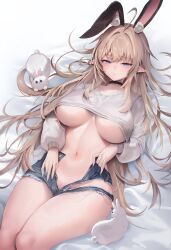 Rule 34 | 1girl, ahoge, animal, animal ear fluff, animal ears, black choker, blonde hair, blue eyes, blue shorts, breasts, choker, closed mouth, commentary, commission, crop top, crop top overhang, cutoffs, denim, denim shorts, extra ears, frown, hair spread out, highres, large breasts, long hair, long sleeves, looking at viewer, lying, micro shorts, midriff, mole, mole under eye, navel, no bra, no panties, on back, open fly, original, pointy ears, rabbit, rabbit ears, rabii, shirt, shorts, solo, stomach, symbol-only commentary, thighs, torn clothes, torn shorts, underboob, very long hair, white shirt, zerocat