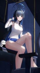 Rule 34 | 1girl, absurdres, bare legs, black hair, blue eyes, blue hair, blue shorts, blurry, blurry background, blurry foreground, blush, boros (ouro kronii), breasts, chair, closed mouth, colored inner hair, depth of field, desk, detached sleeves, ear piercing, eonyan (chaeyang), eyelashes, feet out of frame, hair intakes, halo, hand on own knee, hands up, highres, hololive, hololive english, indoors, knee up, large breasts, legs, long hair, looking at viewer, multicolored hair, office chair, on desk, ouro kronii, ouro kronii (casual), piercing, shadow, shirt, short shorts, shorts, sidelocks, sitting, on desk, sleeveless, sleeveless shirt, smile, solo, swivel chair, thighs, virtual youtuber, white shirt, white sleeves