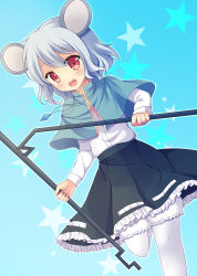 Rule 34 | 1girl, :d, animal ears, bloomers, blush, capelet, dowsing rod, highres, jewelry, mouse ears, nazrin, necklace, open mouth, pantyhose, pleated skirt, red eyes, silver hair, skirt, smile, solo, swami, touhou, underwear, white pantyhose