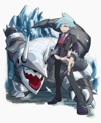 Rule 34 | 1boy, absurdres, aggron, black pants, blue hair, clenched hand, collared shirt, creatures (company), game freak, gen 3 pokemon, highres, huge filesize, jacket, jewelry, kokesa kerokero, legs apart, long sleeves, looking at viewer, male focus, necktie, nintendo, pants, parted lips, perspective, pokemon, pokemon (creature), pokemon oras, purple footwear, purple neckwear, ring, shirt, shoes, short hair, smile, sparkle, spiked hair, standing, steven stone, white shirt