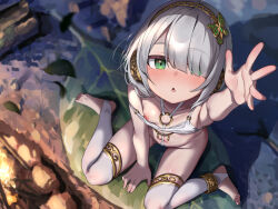 Rule 34 | 1girl, arm support, barefoot, blush, breasts, from above, green eyes, grey hair, hair ornament, isemori, looking at viewer, navel, nipples, no panties, one breast out, one eye closed, open mouth, original, outdoors, small breasts, solo, thighhighs, tiara, toeless legwear, white thighhighs