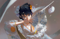 Rule 34 | 1girl, black hair, blue eyes, commentary, dino (dinoartforame), flower, folding fan, grey background, hair flower, hair intakes, hair ornament, hand fan, highres, holding, holding fan, hololive, hololive english, japanese clothes, kimono, long sleeves, looking at viewer, orange flower, ouro kronii, ouro kronii (new year), rose, sidelocks, snake, solo, symbol-only commentary, upper body, virtual youtuber, white flower, white kimono, wide sleeves