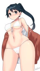 Rule 34 | 10s, 1girl, bikini, black hair, breasts, covered erect nipples, highres, houshou (kancolle), japanese clothes, kantai collection, kuro chairo no neko, large breasts, long hair, open clothes, ponytail, pussy, simple background, smile, solo, swimsuit, thong, white bikini