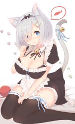 Rule 34 | 10s, 1girl, alternate costume, animal, animal ears, apron, bell, black bra, black dress, black thighhighs, blue bow, blue eyes, blue ribbon, blush, bow, bra, breasts, cat ears, cat tail, cleavage, closed mouth, collarbone, detached collar, dress, eyes visible through hair, frilled apron, frills, hair ornament, hair over one eye, hairclip, hamakaze (kancolle), hand on lap, highres, jingle bell, kagerou (shadowmage), kantai collection, kemonomimi mode, large breasts, mouse (animal), puffy short sleeves, puffy sleeves, raised eyebrows, ribbon, ribbon-trimmed legwear, ribbon trim, short hair, short sleeves, silver hair, sitting, smile, solo, speech bubble, spoken fish, tail, tail ornament, tail ribbon, tareme, thighhighs, underwear, wariza, whiskers, white apron, wool, zettai ryouiki
