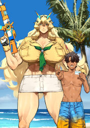 Rule 34 | 1boy, 1girl, abs, barghest (fate), barghest (swimsuit archer) (fate), barghest (swimsuit archer) (first ascension) (fate), beach, biceps, blonde hair, blue shorts, blue sky, blush, breasts, brown hair, bulge, cleavage, erection, erection under clothes, fate/grand order, fate (series), fingerless gloves, gloves, green eyes, grey skirt, gun, height difference, highres, huge breasts, long hair, looking at viewer, midriff, miniskirt, muscular, muscular female, navel, neckerchief, nimuno (munimuni), palm tree, pencil skirt, shirt, shore, short hair, short sleeves, shorts, sidelocks, skirt, sky, tall female, taller female, tan, thick thighs, thighs, tied shirt, tree, v, variant set, weapon, yellow gloves, yellow shirt