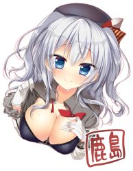 Rule 34 | 10s, 1girl, blue eyes, bow, bowtie, bra, breasts, character name, cleavage, collarbone, female focus, gloves, grey shirt, hand on own chest, hat, highres, kantai collection, kashima (kancolle), komiya hitoma, large breasts, long hair, looking at viewer, shirt, silver hair, simple background, smile, solo, sweat, underwear, undressing, upper body, wavy hair, white background, white gloves