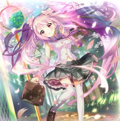 Rule 34 | 1girl, :o, bag, black skirt, blush, cherry blossoms, collared shirt, commentary, day, detached sleeves, flower, hair flower, hair ornament, hand up, hatsune miku, highres, holding, holding bag, long hair, looking at viewer, miniskirt, navel, outdoors, petals, pink hair, rassie s, red eyes, sakura miku, school bag, shirt, sidelocks, skirt, solo, thighhighs, traffic mirror, twintails, very long hair, vocaloid, walking, white background, white shirt