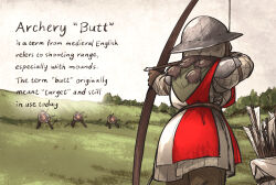 Rule 34 | 1girl, aiming, armor, arrow (projectile), ass, bow (weapon), brown gloves, brown hair, english text, gloves, grey headwear, helm, helmet, highres, ironlily, layered armor, medieval, ordo mediare sisters (ironlily), original, pun, shoulder armor, solo, target, twin braids sister (ironlily), weapon