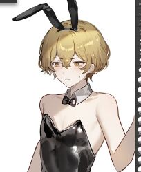 Rule 34 | 1boy, animal ears, art program in frame, art tools in frame, bare arms, black bow, black leotard, blonde hair, blush, bonno sasu, bow, bowtie, closed mouth, detached sleeves, fake animal ears, highres, leotard, limbus company, male focus, male playboy bunny, project moon, rabbit ears, sinclair (project moon), solo, sweat, traditional bowtie, upper body, yellow eyes