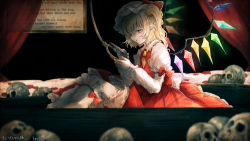 Rule 34 | 1girl, ascot, back bow, blonde hair, bloomers, bow, coffin, crystal, english text, feet out of frame, fingernails, flandre scarlet, fleuriste, frilled skirt, frilled sleeves, frilled socks, frills, from side, hat, highres, indoors, juliet sleeves, long fingernails, long sleeves, looking at object, medium hair, mob cap, multicolored wings, nail polish, noose, pointy ears, puffy sleeves, red curtains, red eyes, red nails, red skirt, red vest, sharp fingernails, shirt, side ponytail, skirt, skull, socks, solo, touhou, underwear, vest, white bloomers, white bow, white hat, white shirt, white socks, wings, yellow ascot