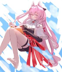 Rule 34 | 1girl, animal ear fluff, animal ears, ark bone, arknights, black gloves, black shirt, black shorts, blue background, book, breasts, cleavage, foot out of frame, gloves, hair intakes, hair ornament, holding, long hair, looking at viewer, open book, pink eyes, pink hair, pozyomka (arknights), shirt, shorts, simple background, single glove, sketch, small breasts, solo, wolf ears, wolf girl