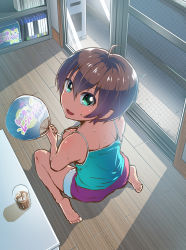 Rule 34 | absurdres, ahoge, air conditioner, balcony, blu-ray, brown hair, camisole, cup, drinking glass, dvd case, from behind, glass door, green eyes, hair between eyes, hand fan, highres, ice, ice cube, looking back, new game!, screen door, shelf, shinoda hajime, short hair, shorts, sliding doors, solo, sweat, t~t