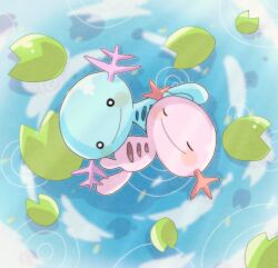 Rule 34 | afloat, alternate color, animal focus, blue skin, closed eyes, colored skin, commentary request, creatures (company), game freak, gen 2 pokemon, hanabusaoekaki, lily pad, nintendo, no humans, pokemon, pokemon (creature), ripples, shiny pokemon, smile, solid circle eyes, water, wooper