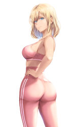 Rule 34 | 1girl, ass, back, bare arms, bare shoulders, blonde hair, blue eyes, breasts, contrapposto, cowboy shot, crop top, from behind, hand on own hip, highres, looking at viewer, looking back, lupaan, medium breasts, midriff, original, pants, parted bangs, pink pants, pink sports bra, sideboob, simple background, solo, sports bra, standing, sweat, taut clothes, taut pants, twisted torso, yoga pants