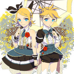 Rule 34 | 1boy, 1girl, alternate costume, aqua eyes, bare shoulders, blonde hair, bow, bowtie, brother and sister, csikity, cuffs, dress, flower, frills, green bow, green bowtie, green necktie, hair bow, hair ornament, hairclip, heart, hetero, holding hands, interlocked fingers, jewelry, kagamine len, kagamine rin, key, lace, layered skirt, necktie, pantyhose, parasol, puffy short sleeves, puffy sleeves, red flower, red rose, ribbon, ring, rose, shirt, short hair, short sleeves, shorts, siblings, skirt, sleeveless, sleeveless shirt, smile, thighhighs, umbrella, vocaloid, white thighhighs, wrist cuffs
