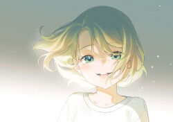 Rule 34 | 1girl, blonde hair, bloom, bon bon eee, collarbone, eyelashes, flat chest, floating hair, gradient background, green eyes, grey background, head tilt, highres, kagamine rin, light particles, looking at viewer, open mouth, shirt, short hair, skinny, smile, solo, underlighting, vocaloid, white shirt