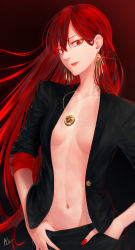 Rule 34 | 1girl, black pants, black shirt, breasts, breasts apart, collarbone, commentary request, earrings, fate/grand order, fate (series), hair between eyes, hand in pants, hand in pocket, highres, jewelry, lipstick, long hair, makeup, nail polish, navel, necklace, no bra, oda nobunaga (fate), oda nobunaga (maou avenger) (fate), open clothes, open shirt, pants, red eyes, red hair, red lips, red nails, shirt, signature, small breasts, solo, tafuu (tortafu), very long hair