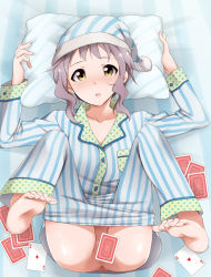 Rule 34 | 10s, 1girl, anus, barefoot, bed, blush, card, censored, convenient censoring, feet, grey hair, hat, idolmaster, idolmaster million live!, kaiga, knees to chest, legs up, looking at viewer, lying, makabe mizuki, nightcap, no panties, on back, open mouth, pajamas, partially visible vulva, pillow, pillow grab, playing card, short hair, soles, solo, spread legs, striped, striped clothes, striped pajamas, toes, vertical stripes, yellow eyes