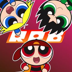 Rule 34 | 3boys, text background, black hair, blonde hair, blue eyes, blue shirt, boomer (ppg), brick (ppg), brothers, butch (ppg), crossed arms, furrowed brow, green eyes, green shirt, highres, logo, long hair, looking down, looking up, multiple boys, open mouth, orange hair, powerpuff girls, red eyes, red shirt, rowdyruff boys, shirt, short hair, siblings, smile, smirk, spiked hair