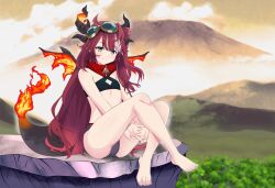 Rule 34 | 1girl, absurdres, blue eyes, breasts, cloud, cloudy sky, commission, crossed fingers, dragon girl, dragon horns, dragon tail, feet, flame-tipped tail, flat chest, goggles, goggles on head, highres, horns, kiniro tofu, legs, long hair, looking at viewer, mountain, multicolored hair, neck, panties, phase connect, rock, saya sairroxs, sitting, sky, small breasts, smile, tail, thighs, toes, tree, underwear, virtual youtuber, wings