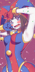 Rule 34 | 1girl, absurdres, andrian januar adilia, armpits, asymmetrical gloves, blue bodysuit, blue eyes, blue gloves, blush stickers, bodysuit, breasts, brown hair, confetti, furrowed brow, gloves, hat, highres, jester, jester cap, looking at viewer, medium breasts, medium hair, mismatched gloves, open mouth, pomni (the amazing digital circus), red bodysuit, red eyes, red gloves, solo, the amazing digital circus, two-tone bodysuit, two-tone eyes, upper body, vertical-striped bodysuit