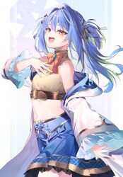 Rule 34 | 1girl, bare shoulders, belt, blue hair, blue skirt, bow, bowtie, coat, cowboy shot, crop top, flat chest, hand on own chest, hiyoku no crosspiece, long hair, long sleeves, looking at viewer, midriff, miniskirt, mole, mole on stomach, mole under eye, multicolored hair, nanashi inc., navel, off shoulder, open clothes, open coat, open mouth, pleated skirt, red eyes, ribbed shirt, riichu, shirt, skirt, sleeveless, sleeveless shirt, smile, solo, stomach, streaked hair, suzumi nemo, suzumi nemo (1st costume), two side up, virtual youtuber, white coat, yellow shirt