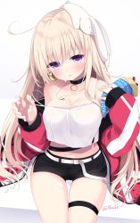 Rule 34 | 1girl, ahoge, blonde hair, blush, breasts, choker, cleavage, commentary request, crepe, earrings, food, food on body, food on breasts, food on face, food on hand, food on legs, food wrapper, highres, jacket, jewelry, large breasts, long hair, looking at viewer, navel, off shoulder, on head, original, parted lips, pendant, purple eyes, sasahara wakaba, short shorts, shorts, sitting, solo, stomach, stuffed animal, stuffed rabbit, stuffed toy, thigh strap, twitter username, white background