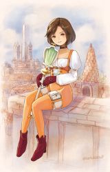 Rule 34 | 1girl, bodysuit, breasts, brown eyes, brown hair, castle, choker, commentary request, final fantasy, final fantasy ix, full body, garnet til alexandros xvii, gloves, groin, jewelry, latex, looking at viewer, ma-hain-scarlet, necklace, orange bodysuit, parted lips, short hair, sitting, small breasts, smile, solo, staff, town, weapon