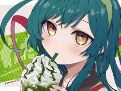 Rule 34 | 1girl, ahoge, blush, brown eyes, cevio, close-up, cup, drinking straw, frappuccino, green hair, green hairband, hairband, highres, holding, holding cup, japanese clothes, kimono, konemu, long hair, looking at viewer, solo, touhoku zunko, very long hair, vocaloid, voiceroid
