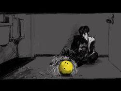 Rule 34 | 1boy, against wall, ball, bowling ball, character request, commentary request, facing viewer, formal, glass shards, greyscale, highres, knee up, kuroi ie, letterboxed, long sleeves, monochrome, nou 325, on floor, pants, restroom, short hair, sitting, solo, spot color, suit, urinal, wide shot