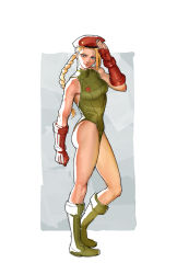 Rule 34 | 1girl, bare shoulders, beret, blonde hair, blue background, blue eyes, boots, braid, cammy white, closed mouth, contrapposto, full body, gloves, green footwear, green leotard, hat, highres, leotard, red gloves, red hat, salute, single braid, solo, standing, street fighter, timbougami