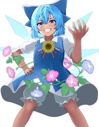 Rule 34 | 1girl, bloomers, blue dress, blue eyes, blue hair, cirno, commentary request, dress, flower, hand on own hip, ice, ice wings, looking at viewer, mikan (manmarumikan), morning glory, neck flower, pinafore dress, plant, shirt, short hair, short sleeves, sleeveless dress, smile, solo, sunflower, tanned cirno, teeth, touhou, underwear, vines, white shirt, wings