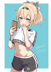 Rule 34 | 1girl, black shorts, blonde hair, blush, border, brat (brabrabrat00), cellphone, clothes lift, cropped shirt, green eyes, hair ornament, highres, holding, holding phone, hololive, hololive dance practice uniform, kazama iroha, leaf hair ornament, lifting own clothes, midriff, navel, open mouth, phone, ponytail, shirt, shirt lift, short hair, short sleeves, shorts, smartphone, solo, stomach, sweat, virtual youtuber, white border, white shirt, wiping sweat, wristband