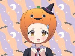 Rule 34 | 1girl, :o, black hat, black shirt, blush, brown eyes, chitosezaka suzu, clenched hands, commentary request, crescent, forehead, hands up, hat, highres, jack-o&#039;-lantern, looking at viewer, mini hat, neck ribbon, open mouth, orange background, original, pumpkin hat, purple background, red ribbon, ribbon, sacabambaspis, shirt, solo, star (symbol), sweatdrop, tilted headwear, two-tone background, upper body