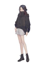 Rule 34 | 1girl, absurdres, bare legs, black coat, black footwear, black hair, black shirt, boots, closed mouth, coat, fishdry, full body, hair bun, highres, long hair, long sleeves, looking at viewer, multicolored hair, original, parted bangs, shirt, shorts, simple background, solo, standing, sweater, tachi-e, turtleneck, white background, white shorts, yellow eyes