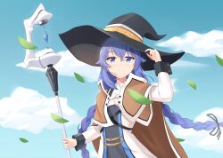 Rule 34 | 1girl, black hat, black ribbon, blue eyes, blue hair, blue sky, blush, braid, brown cape, brown capelet, cape, capelet, closed mouth, cloud, crossed bangs, dress, falling leaves, floating hair, hair between eyes, hair ribbon, hat, highres, holding, holding staff, leaf, long braid, long hair, long sleeves, looking at viewer, low twin braids, mage staff, mushoku tensei, plo1154, ribbon, roxy migurdia, sky, smile, solo, split mouth, staff, twin braids, upper body, very long hair, white dress, witch hat