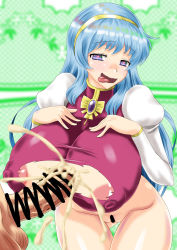 Rule 34 | ahegao, blue hair, blush, breasts, censored, cleavage cutout, clothing cutout, cum, cum on body, cum on breasts, cum on upper body, ejaculation, ejaculation between breasts, estpolis denki, hairband, hands on breasts, heart, heart-shaped pupils, highres, large breasts, leaning forward, long hair, lufia, mutsuya, nipples, open mouth, paizuri, penis, perpendicular paizuri, puffy sleeves, purple eyes, pussy, standing, symbol-shaped pupils, tia (estpolis denki), tongue, tongue out, torn clothes, very long hair