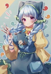 Rule 34 | 1girl, alternate hairstyle, apron, blue hair, braid, breasts, chisel, closed mouth, flower, green apron, haniyasushin keiki, head scarf, jewelry, juliet sleeves, large breasts, long hair, long sleeves, magatama, magatama necklace, moshihimechan, necklace, pink eyes, puffy sleeves, shirt, smile, solo, touhou, twin braids, white flower, yellow shirt