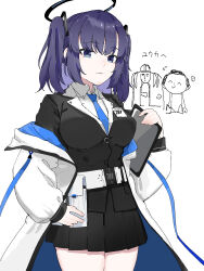 Rule 34 | 1girl, doodle sensei (blue archive), bkhayatej, blue archive, blue necktie, hair ornament, halo, highres, jacket, long hair, long sleeves, looking at viewer, multicolored clothes, multicolored jacket, necktie, phrenapates (blue archive), purple eyes, purple hair, sensei (blue archive), skirt, two-sided fabric, two-sided jacket, two-tone jacket, two side up, white jacket, yuuka (blue archive)