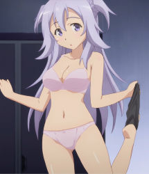 Rule 34 | 10s, 1girl, blush, bra, breasts, cleavage, gakusen toshi asterisk, highres, long hair, looking at viewer, navel, open mouth, panties, purple eyes, screencap, silver hair, socks, solo, standing, stitched, third-party edit, toudou kirin, underwear