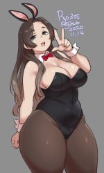 Rule 34 | 1girl, 2020, agawa ryou, animal ears, belly, blue eyes, breasts, brown hair, commentary, curvy, dated, detached collar, grey background, large breasts, leotard, long hair, looking at viewer, original, pantyhose, playboy bunny, plump, rabbit ears, signature, simple background, smile, solo, thick thighs, thighs
