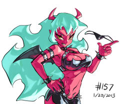 Rule 34 | 10s, 1girl, 2013, armlet, bare shoulders, bat wings, belt, bracelet, breasts, collar, colored skin, dated, demon girl, closed eyes, fang, green eyes, green hair, grin, hand on own hip, holding, holding clothes, holding panties, holding underwear, horns, jewelry, junkpuyo, large breasts, leather, leather skirt, long hair, matching hair/eyes, microskirt, multicolored eyes, nail polish, navel, panties, unworn panties, panty &amp; stocking with garterbelt, pantyshot, red skin, scanty (psg), side slit, skirt, smile, solo, spiked bracelet, spiked collar, spikes, thong, underwear, upskirt, very long hair, wings, yellow eyes