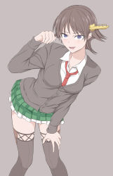 Rule 34 | 10s, 1girl, alternate costume, blue eyes, breasts, brown background, brown hair, hand on own thigh, hiei (kancolle), highres, intirami, kantai collection, leaning forward, necktie, plaid, plaid skirt, red eyes, school uniform, short hair, skirt, small breasts, solo, thighs