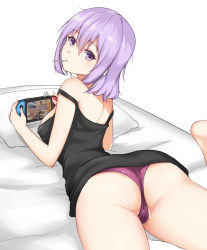 Rule 34 | 1girl, ass, bad id, bad pixiv id, bare shoulders, barefoot, bed sheet, black shirt, blush, breasts, candy, closed mouth, commentary, controller, food, food in mouth, from behind, game controller, gluteal fold, hair between eyes, leg up, lollipop, looking at viewer, looking back, lying, medium breasts, mouth hold, nintendo switch, no pants, on bed, on stomach, original, panties, pillow, purple eyes, purple hair, purple panties, shirt, short hair, solo, strap slip, tank top, thighs, underwear, underwear only, wasami (a27678193a), white background