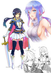 Rule 34 | ajipontarou, belt, black legwear, blue eyes, blue hair, blush, breasts, cape, character request, closed mouth, copyright request, closed eyes, gloves, grey sweater, hair between eyes, hand on hilt, headband, holding, holding staff, large breasts, long hair, low ponytail, meme attire, multicolored hair, open mouth, partially colored, pink hair, ribbed sweater, skirt, smile, staff, standing, sweater, sword, thighhighs, turtleneck, turtleneck sweater, two-tone hair, very long hair, virgin killer sweater, weapon, white footwear, white gloves, white skirt