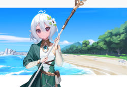Rule 34 | 1girl, absurdres, acid g, antenna hair, beach, blue sky, closed mouth, cloud, day, detached sleeves, flower, hair between eyes, hair flower, hair ornament, highres, holding, holding staff, kokkoro (princess connect!), looking at viewer, ocean, outdoors, photoshop (medium), pointy ears, princess connect!, red eyes, sand, see-through, see-through sleeves, short hair, sky, smile, solo, split mouth, staff, white hair
