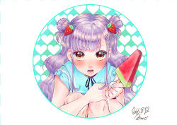 Rule 34 | 1girl, absurdres, blue dress, blue nails, blue ribbon, blunt bangs, blush, brown eyes, dated, dress, fingernails, food, framed, geshumaro, hair ornament, hairclip, heart, heart background, highres, long hair, looking at viewer, nail polish, neck ribbon, open mouth, original, popsicle, purple hair, ribbon, sanpaku, signature, simple background, solo, squatting, upper body, v-shaped eyebrows, watermelon bar, wavy hair, white background, x hair ornament
