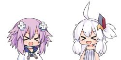 Rule 34 | &gt; &lt;, 2girls, :d, ahoge, arms at sides, azur lane, bare shoulders, chibi, collarbone, crossover, d-pad, d-pad hair ornament, dress, flat chest, hair ornament, hood, hood down, hooded track jacket, jacket, moru (monaka), multiple girls, neptune (neptunia), neptune (series), one side up, open mouth, parka, purple hair, ribbed dress, short hair, sidelocks, simple background, smile, strapless, strapless dress, striped clothes, striped dress, track jacket, universal bulin (azur lane), v-shaped eyebrows, vertical-striped clothes, vertical-striped dress, white background, white dress, white hair