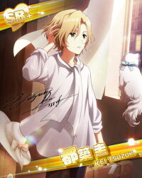 Rule 34 | 1boy, aged down, blonde hair, card (medium), cat, character signature, child, curtains, green eyes, hand in own hair, hat, idolmaster, idolmaster side-m, male focus, official art, parted lips, sleeves rolled up, tsuzuki kei, white cat, white hat, window